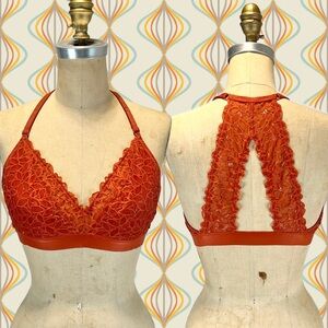 Aerie floral lace bra XL bralette halter triangle cross back burnt orange rust